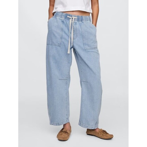 GAP Denim - Gap SuperSoft Pull On Barrel Leg Jeans Womens M Blue Light Wash Drawstring